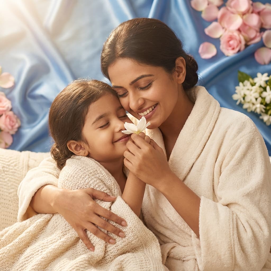 Mother and child hugging in soft clothes